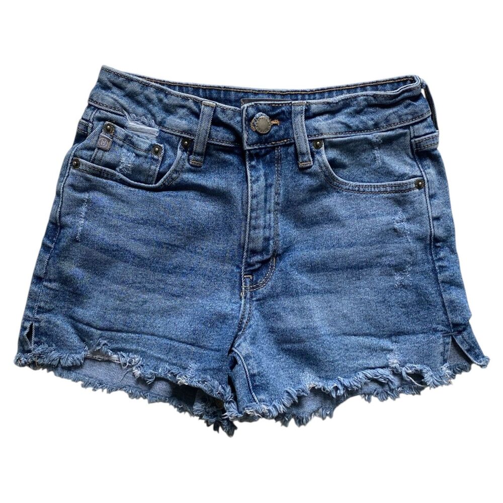 Just USA Medium Wash Denim Mid-Rise Cut-Off Jean Shorts Frayed Zip Fly Size XS